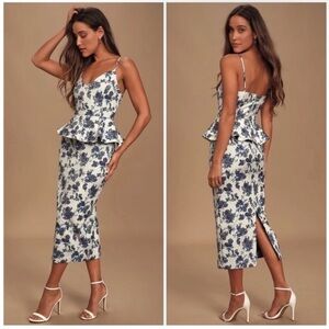 En Saison A Sight To See Navy Blue Floral Jacquard Peplum Ruffle Midi Dress NWT